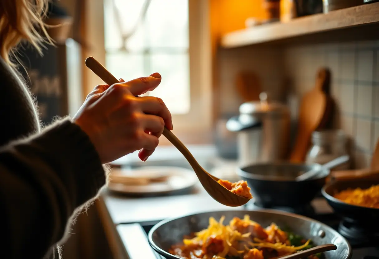 Une main féminine tenant une cuillère en bois dans une cuisine accueillante, symbolisant la sérénité et la confiance en soi
