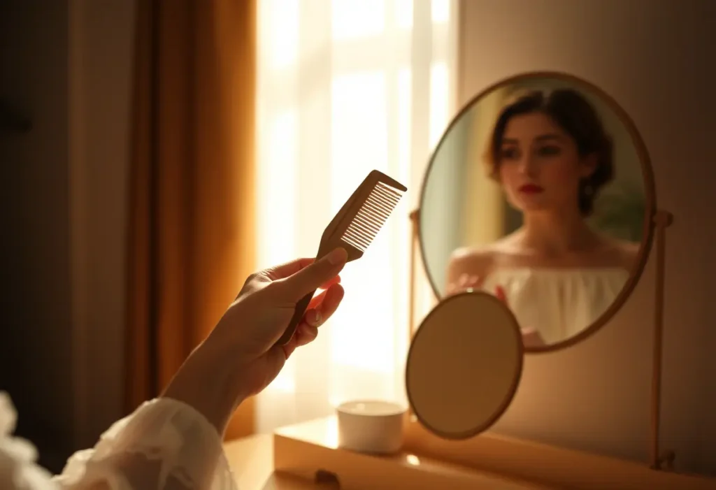 Main: une main féminine tient un peigne en bois près d'un miroir ronds, mettant en scène l'intimité et l'auto-soin.