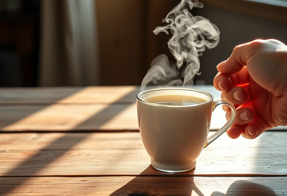 Une tasse de thé aromatique fumante posée sur une table rustique, éclairée par la douce lumière du matin, symbolisant la réconfort et la méditation sur le désir