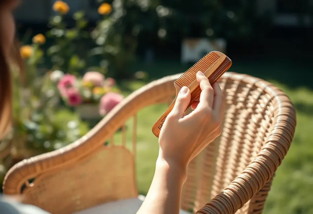 Main: Une main féminine tient délicatement un peigne en bois dans un jardin ensoleillé.