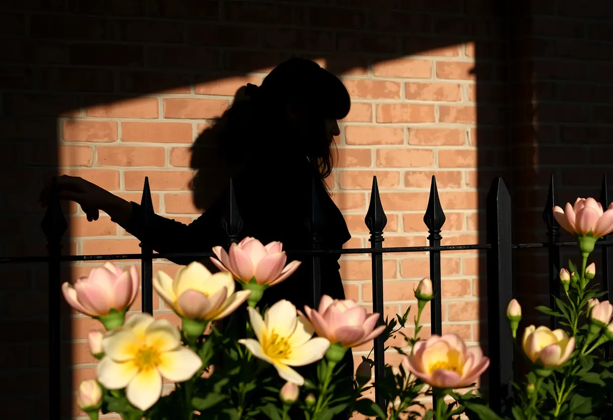 Main: Un profil de femme adossée à un mur en brique, sa main posée sur une clôture en fer forgé, entourée de fleurs en fleurissement.