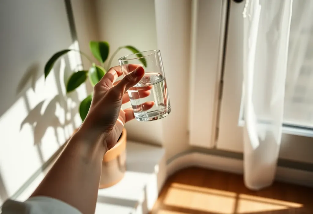 Une main tenant un verre d'eau près d'une plante en pot