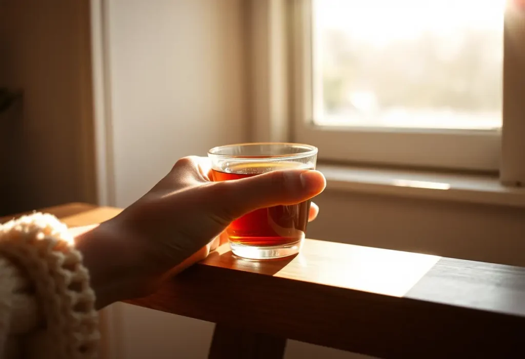 Une main posée sur une table bois avec une tasse de thé aromatique, éclairée par la lumière du soleil.