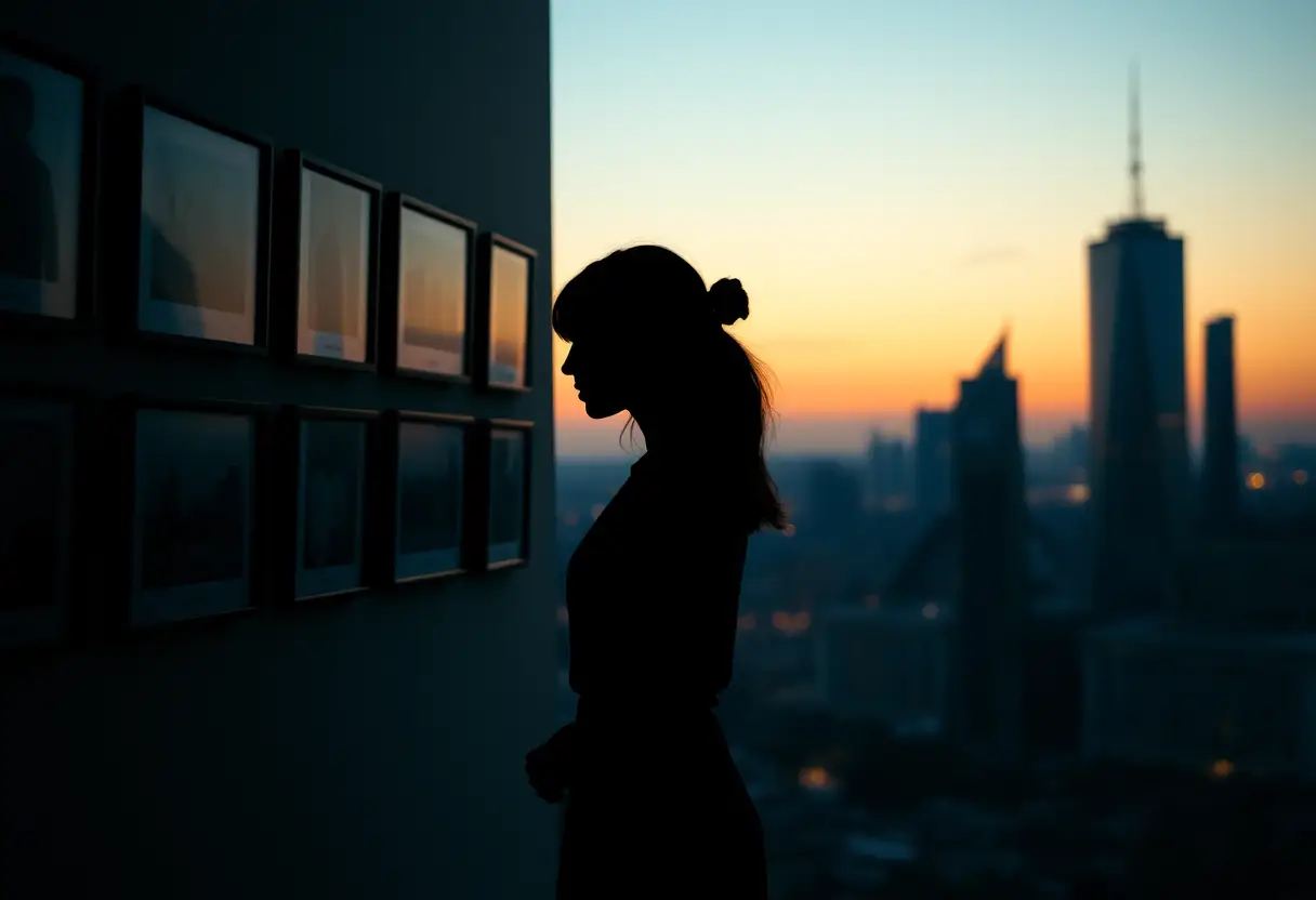 Silhouette d'une femme devant un mur de photos encadrées, éclairée par la lumière douce du crépuscule.