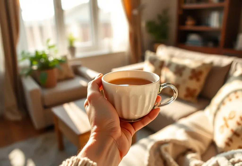 Une main tenant une tasse de thé chaud dans un salon accueillant, évoquant la détente et la prise en charge de soi.