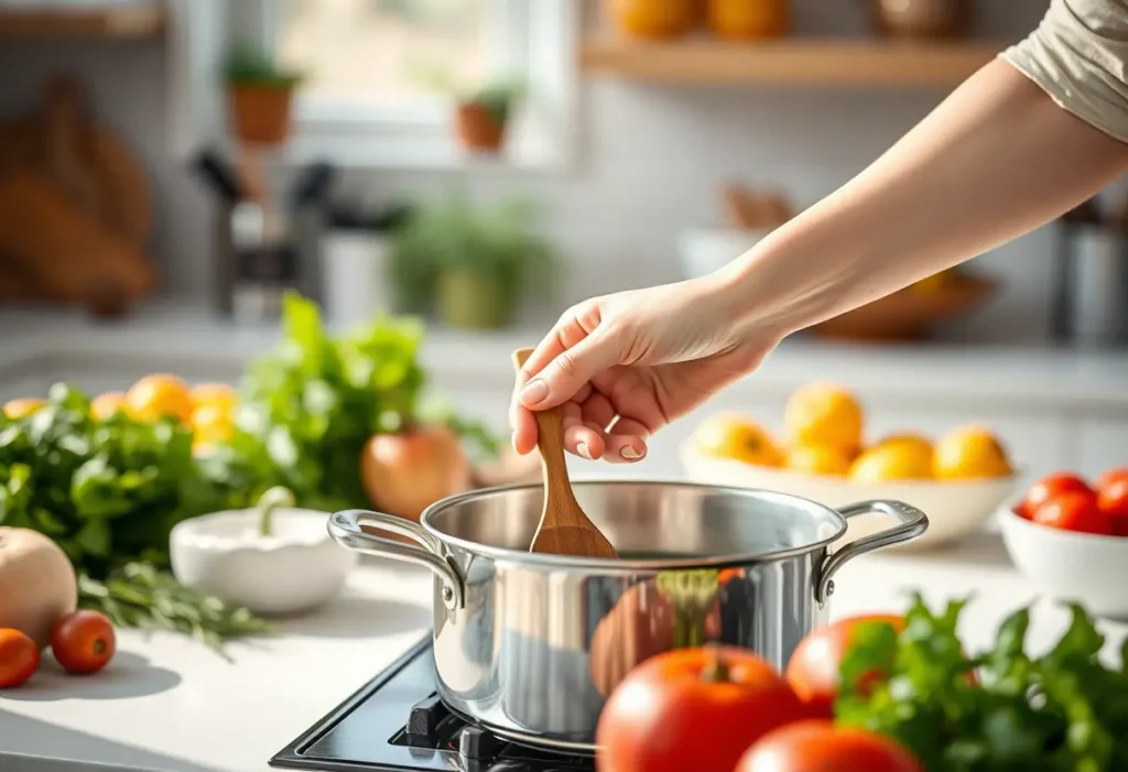 Une main féminine tient une cuillère de bois dans une cuisine remplie de légumes frais
