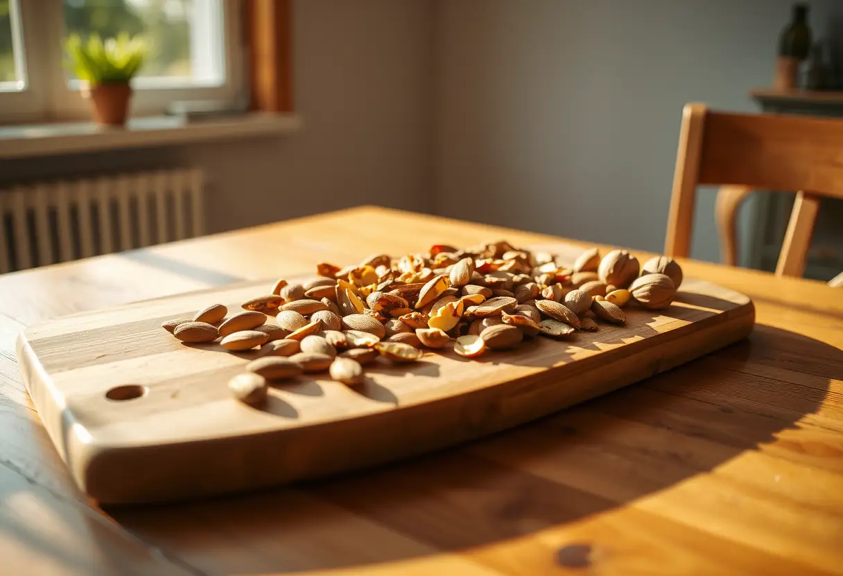 Un grand plateau de bois chargé d’amandes et de noix sous la lumière du soleil