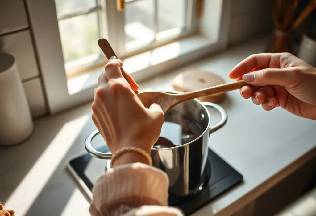 Une main féminine tient une cuillère en bois au-dessus d'une marmite de thé herboriste, symbolisant le réconfort.