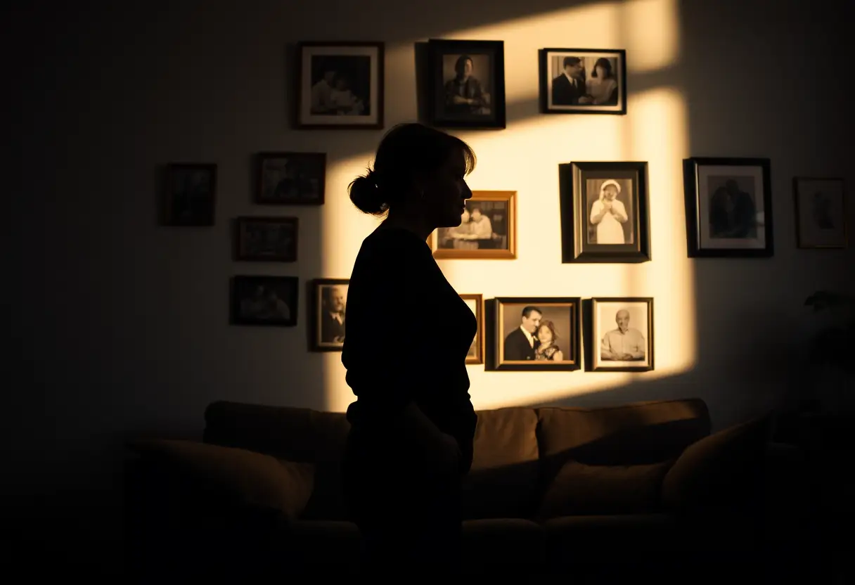 Un profil de femme se détache contre un mur de photos encadrées, évoquant des souvenirs et des liens personnels.