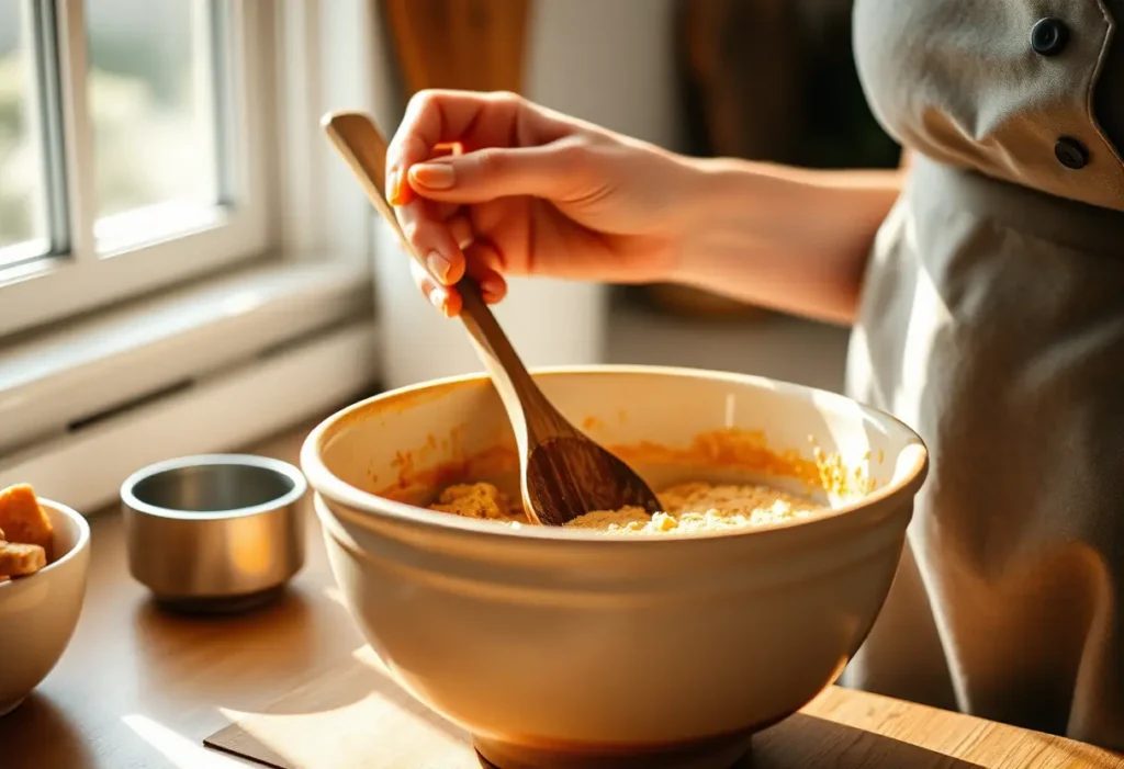 Main dans une grande casserole en céramique, lumière naturelle