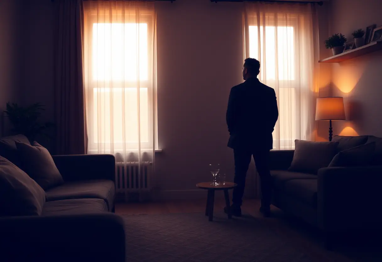 Silhouette d'une personne dans un salon accueillant, lumière douce