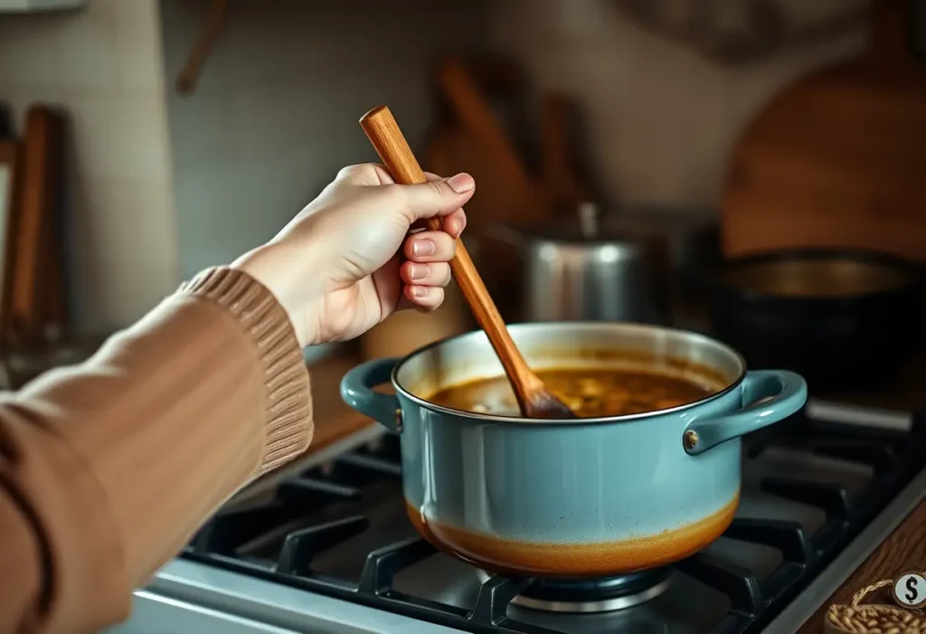 Une main féminine tient une cuillère en bois dans une cuisine accueillante