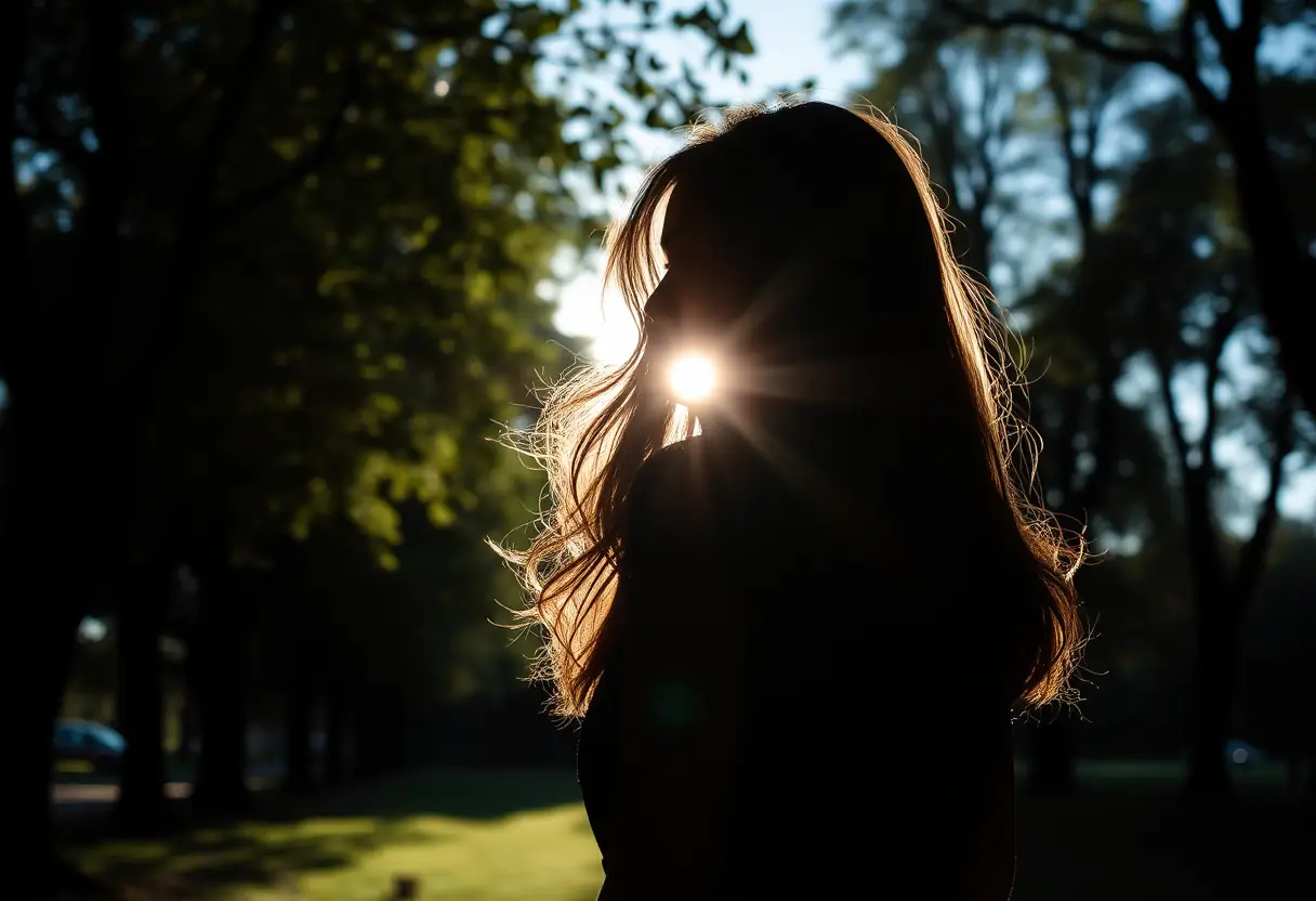 Un profil flou d'une femme dans un parc ombragé