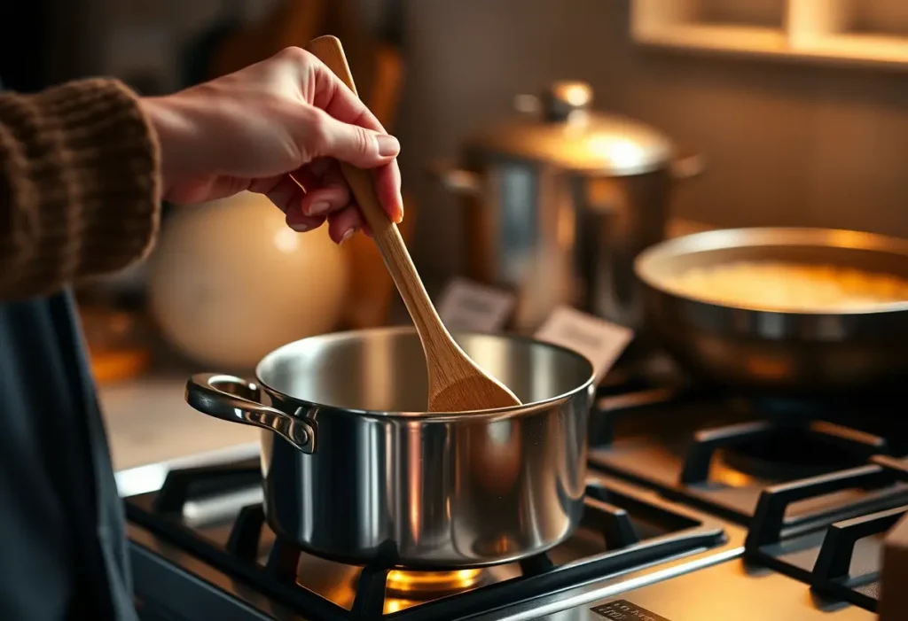 Une main féminine tenant une cuillère en bois au-dessus d’une casserole mijotant, symbolisant le bien-être et la cuisine saine