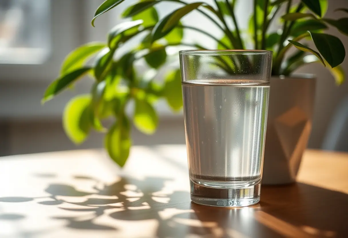Verre d'eau posé à côté d'un petit pot de plante, la lumière du matin filtre à travers les feuilles, symbolisant la simplicité et la pureté