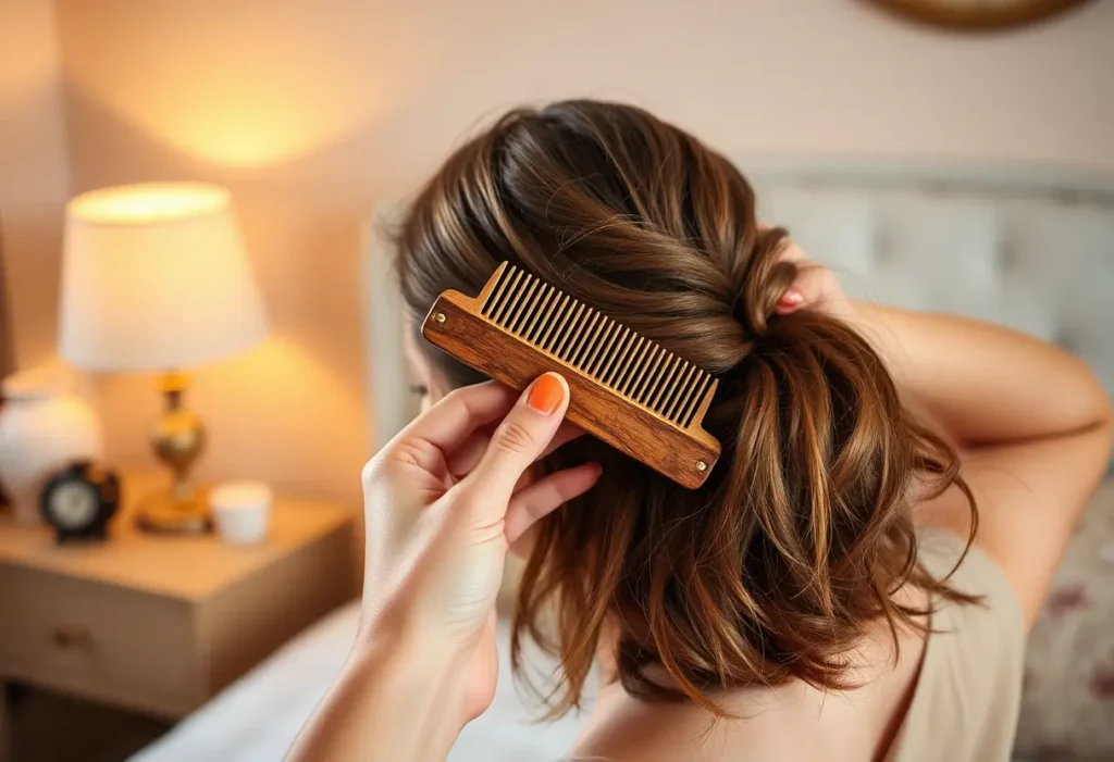 Une main féminine tenant un peigne en bois dans une chambre