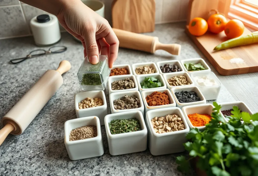 Un plan de travail de cuisine avec des contenants en céramique contenant des herbes et épices, près d'un rouleau à pâtisserie et d'un planche à découper avec des légumes frais