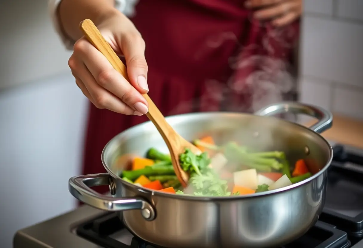 Une main féminine tient une cuillère en bois en remuant des légumes dans une cuisine
