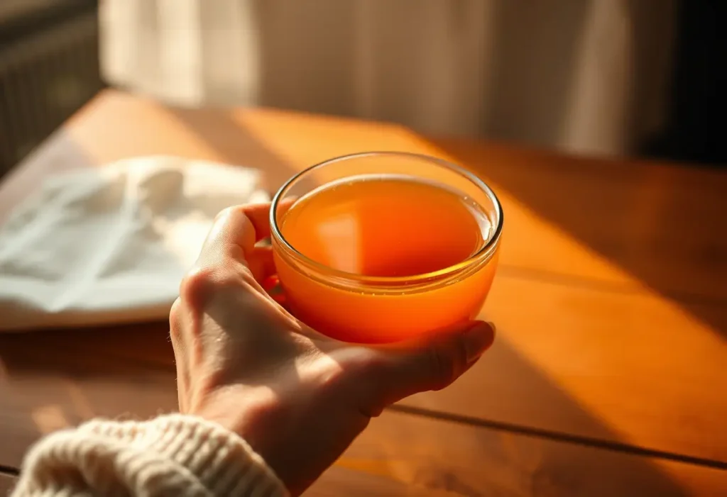 Une main féminine tenant une tasse de thé aromatisé, apportant réconfort et sérénité.