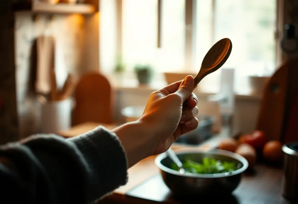 Une main féminine tient une cuillère en bois dans une cuisine accueillante, éclairée par une lumière tamisée