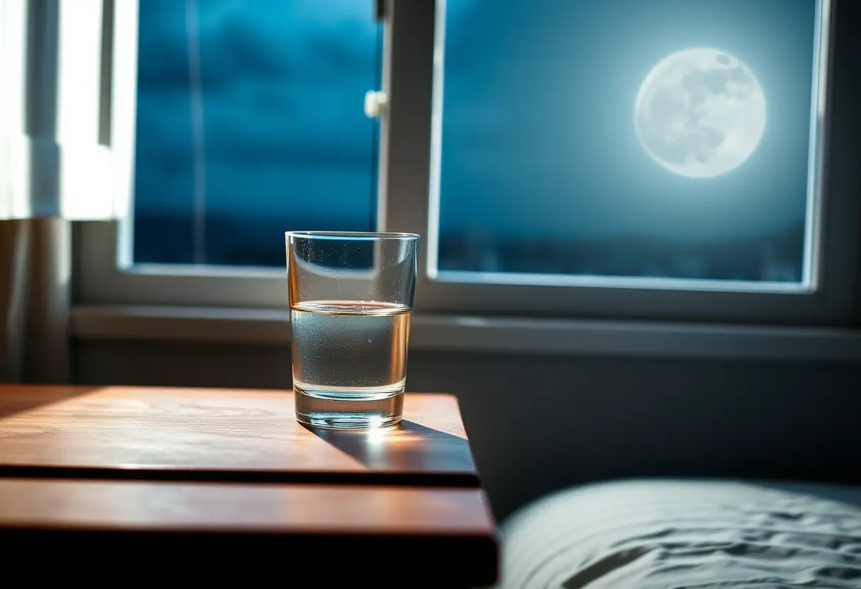 Une table de chevet avec un verre d'eau pour soulager les bouffées de chaleur