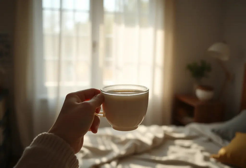 Une main tenant une tasse de thé herbeux dans une chambre aux lumières tamisées, éclairée par la lumière du matin qui filtre à travers la fenêtre.