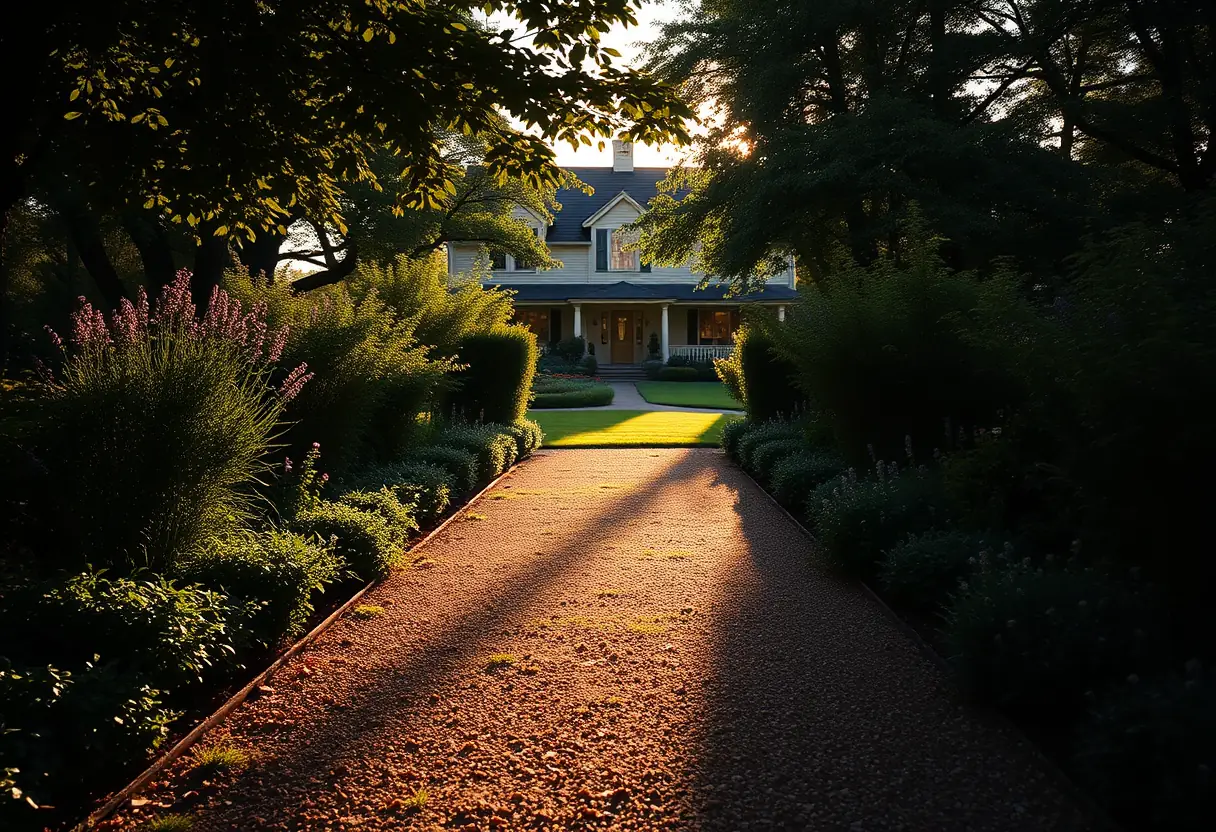 Un chemin menant à une maison dans un jardin, éclairé par la lumière du soir qui projette de longues ombres, soulignant la quiétude des lieux.