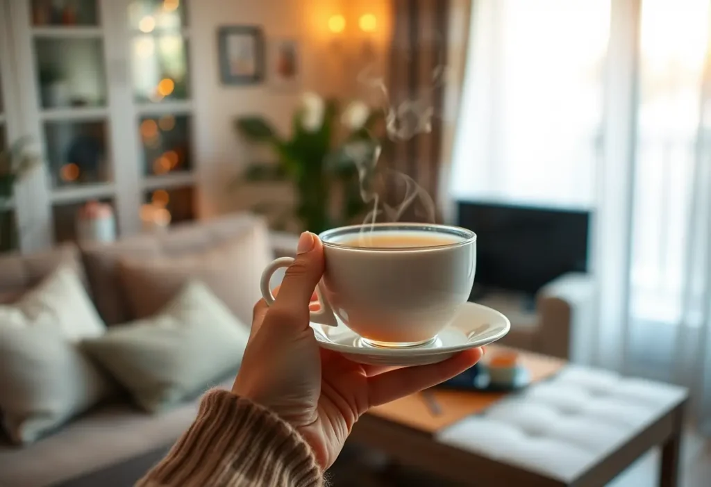 Main de femme tenant une tasse de thé de camomille dans un salon accueillant