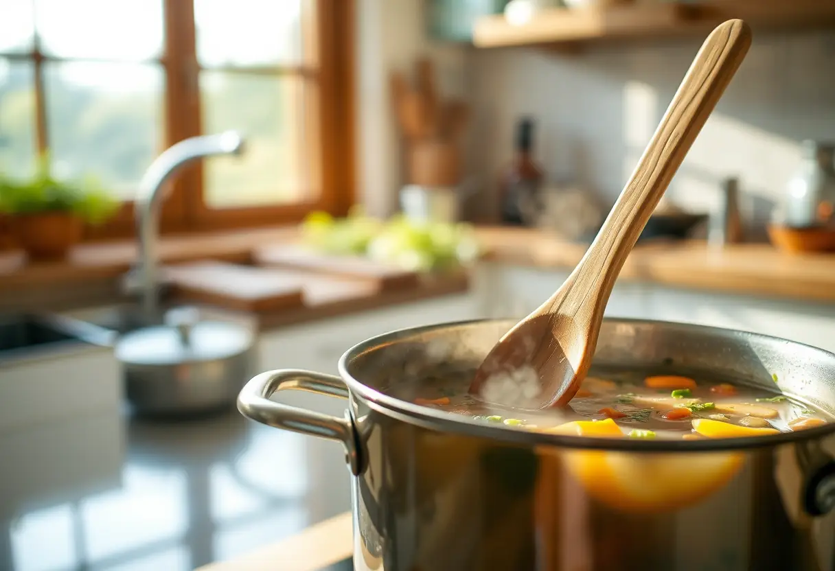 Cuillère en bois mélangeant une marmite de soupe aux légumes en cuisine