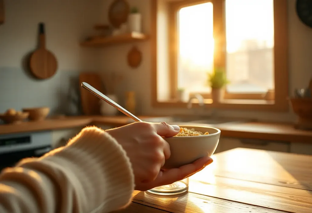 Une main féminine remue délicatement une cuisse d'avoine dans une cuisine accueillante, éclairée par la lumière douce du matin, illustrant le bien-être domestique