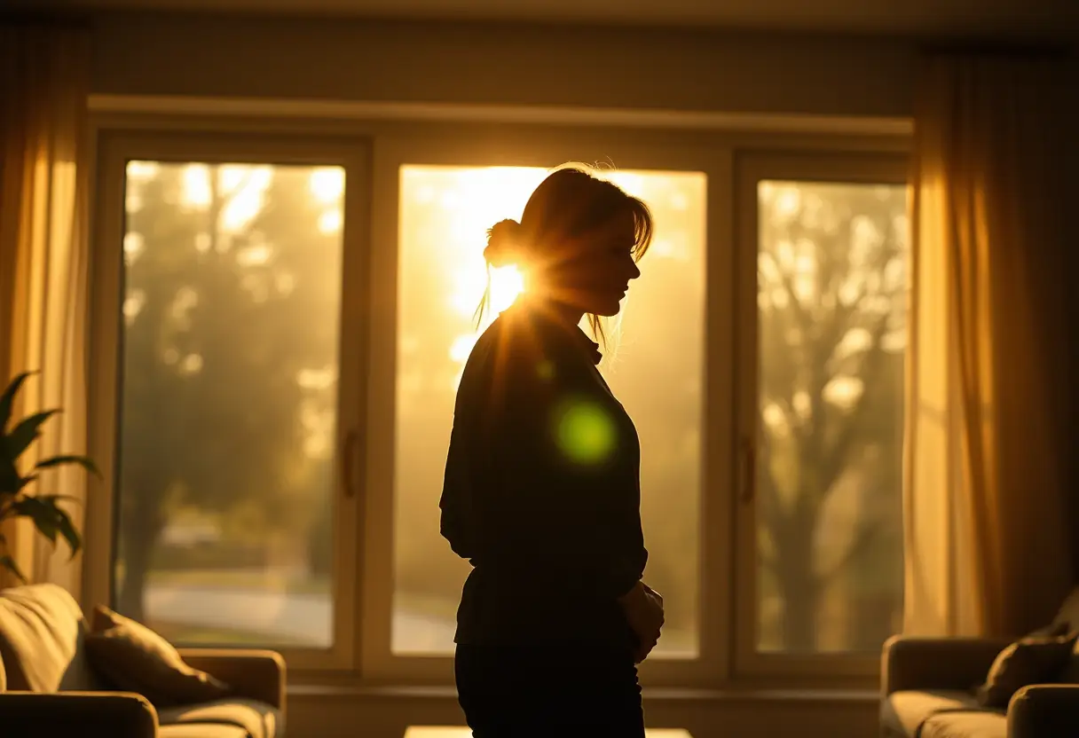 Un profil de femme se détachant devant une grande fenêtre dans son salon, éclairée par le soleil de l'après-midi, soulignant la sérénité et la paix intérieure