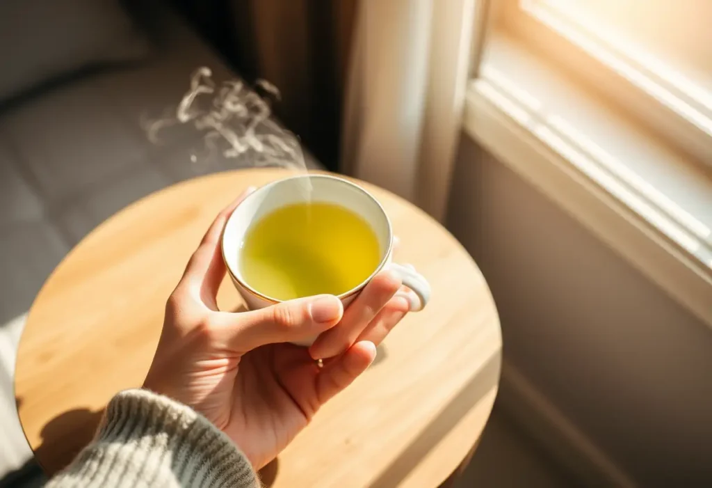 Une main tenant une tasse de thé vert sur une petite table, représentant le réconfort et la prise en charge de soi.
