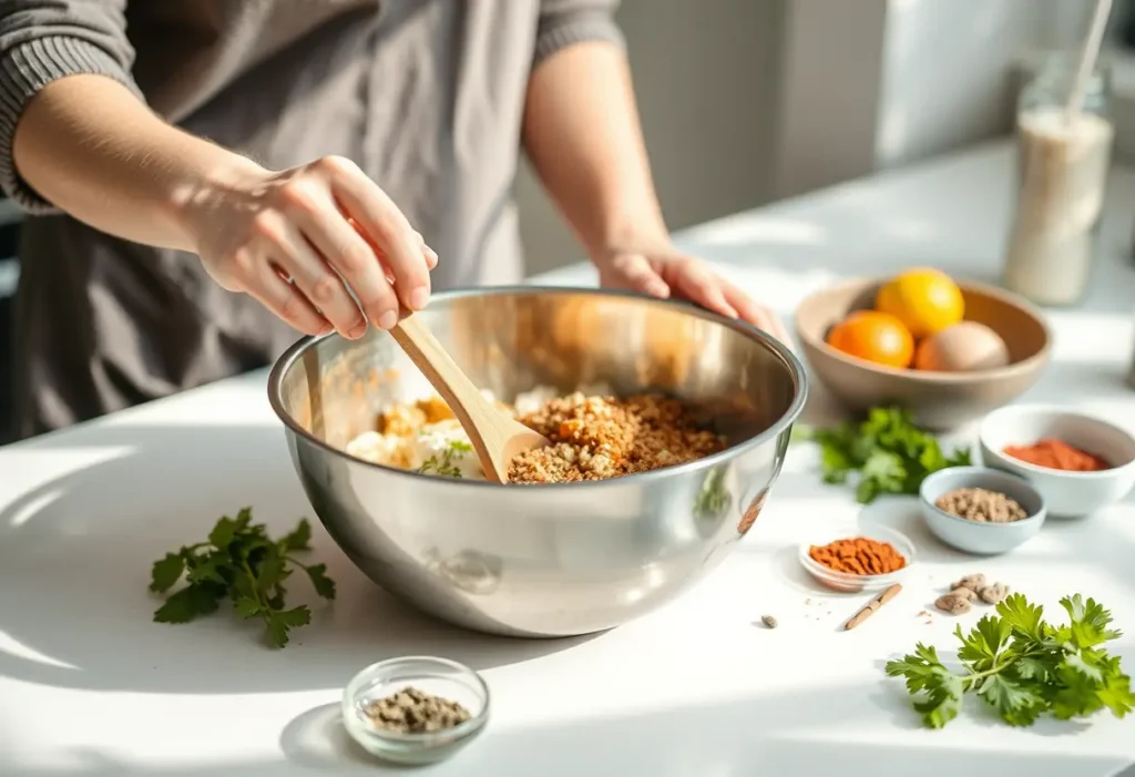 Main dans une cuisine préparant un repas sain