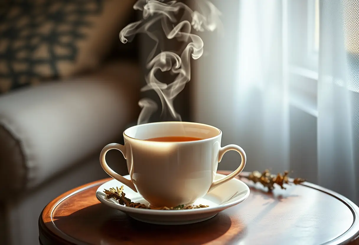 Une tasse de thé aromatique fumant sur une petite table