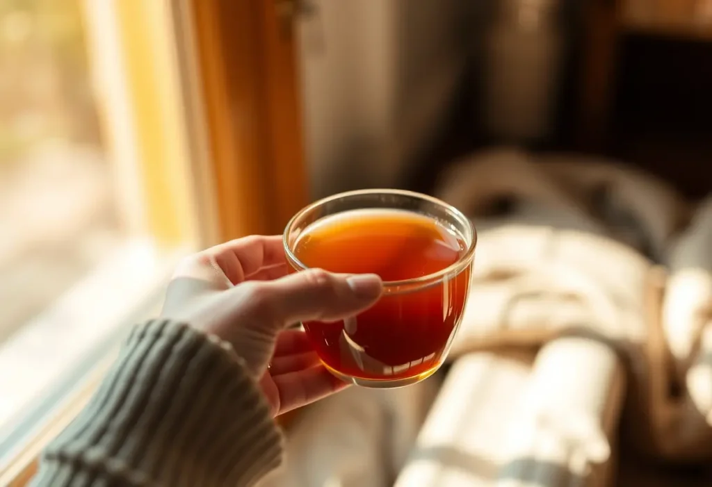 Une main féminine tenant une tasse de thé chaud, apportant chaleur et confort.