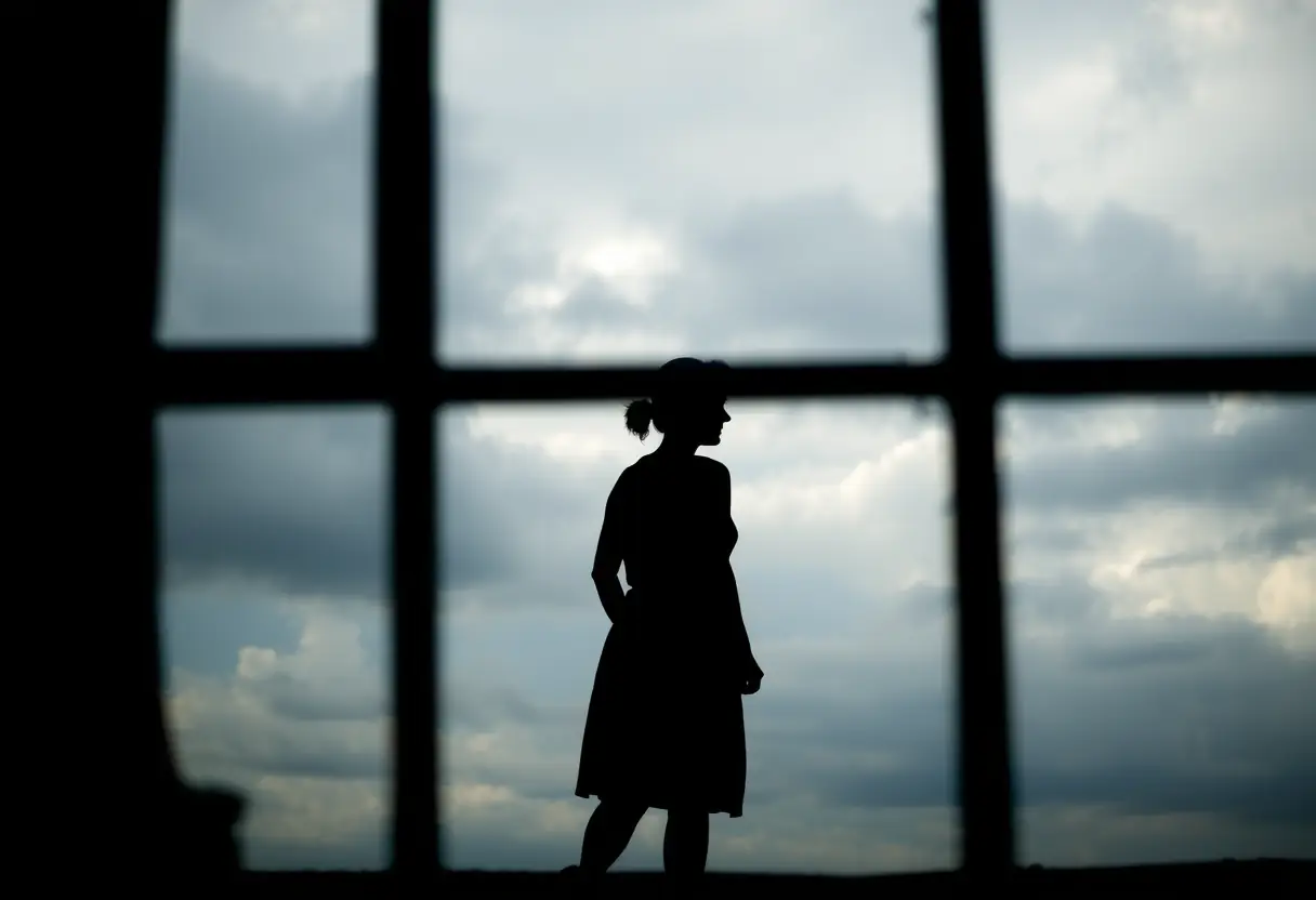 Un profil flou d'une femme se reflétant dans une fenêtre, sous un ciel gris, symbolisant la réflexion intérieure.