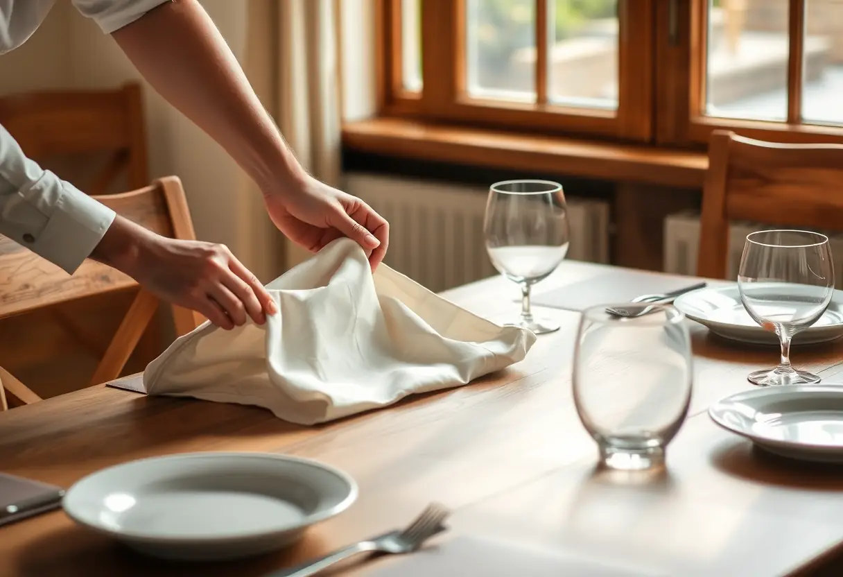 Des mains posent un linge plié sur une table de cuisine, évoquant le confort et le bien-être au quotidien.