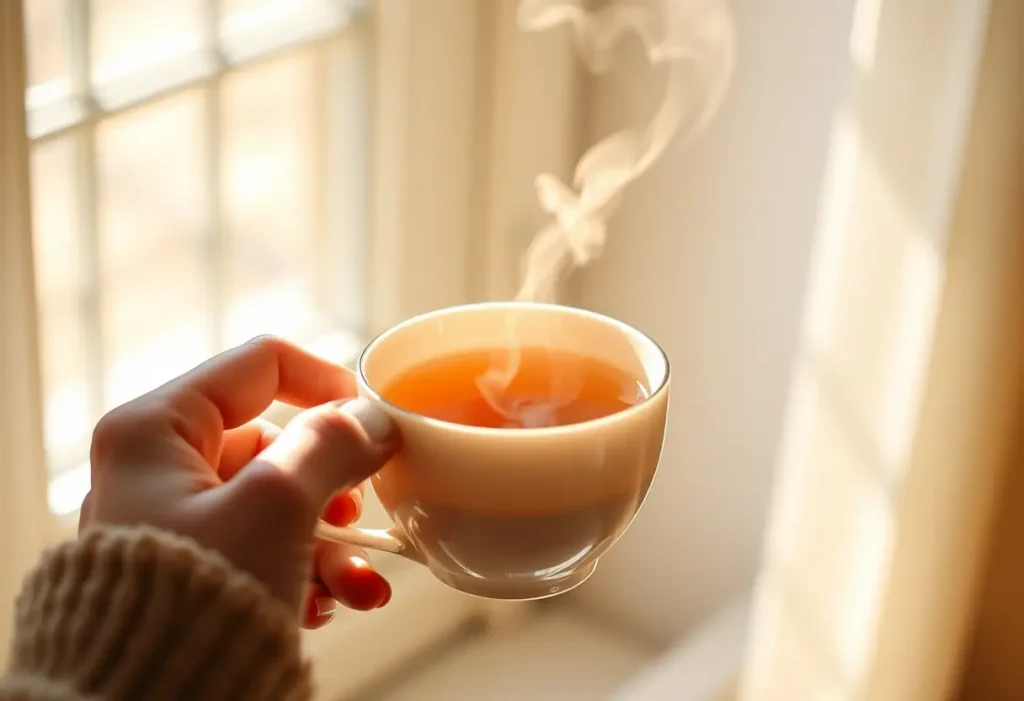 Une main féminine tient une tasse de thé chaud, évoquant sérénité et bien-être.