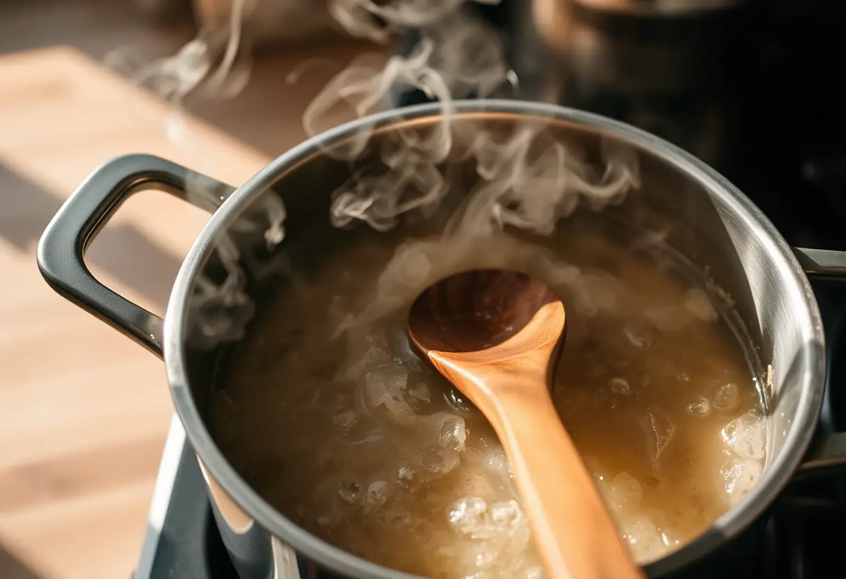 Une cuillère en bois mélange une soupe chaude dans une cuisine, symbolisant le réconfort alimentaire.