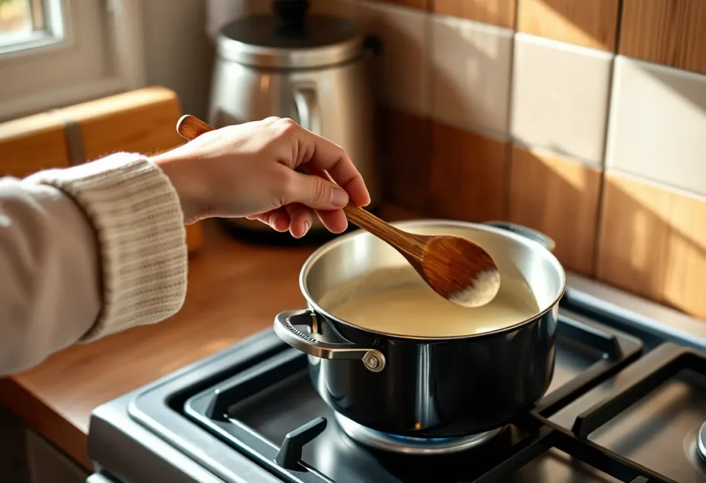 Main dans une cuisine, cuillère en bois au-dessus d'une casserole qui mijote, pré-ménopause