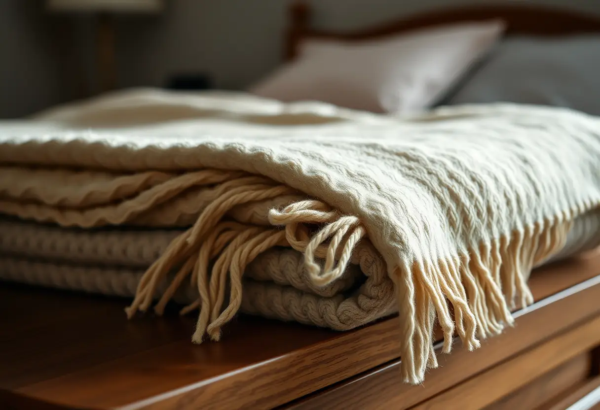 Couverture en laine pliée sur une commode, chambre à coucher, pré-ménopause