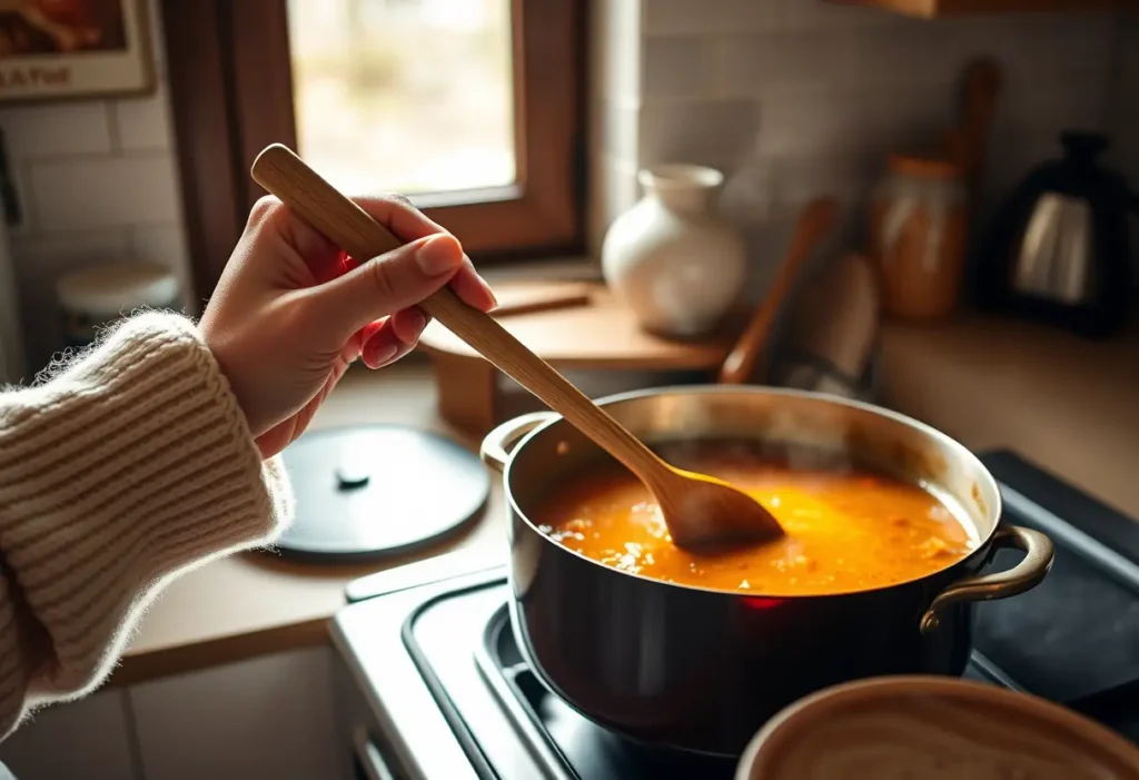 Une main féminine tient une cuillère en bois dans une cuisine accueillante, évoquant la pré-ménopause.