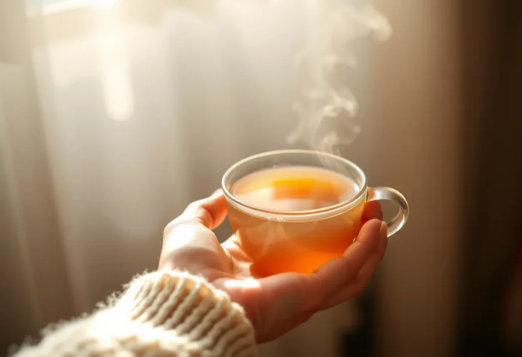 Une main tenant une tasse de thé herbagé, l'air apaisant