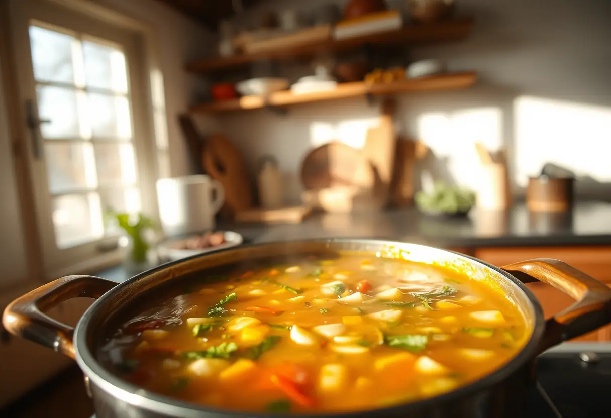 Une cuillère en bois qui remue une marmite de soupe aux légumes, dans une cuisine lumineuse
