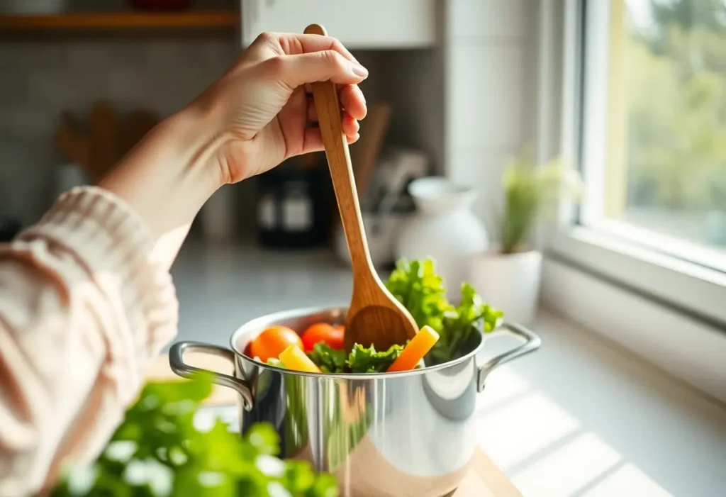 Une main féminine tient une cuillère en bois en préparant des légumes frais en cuisine