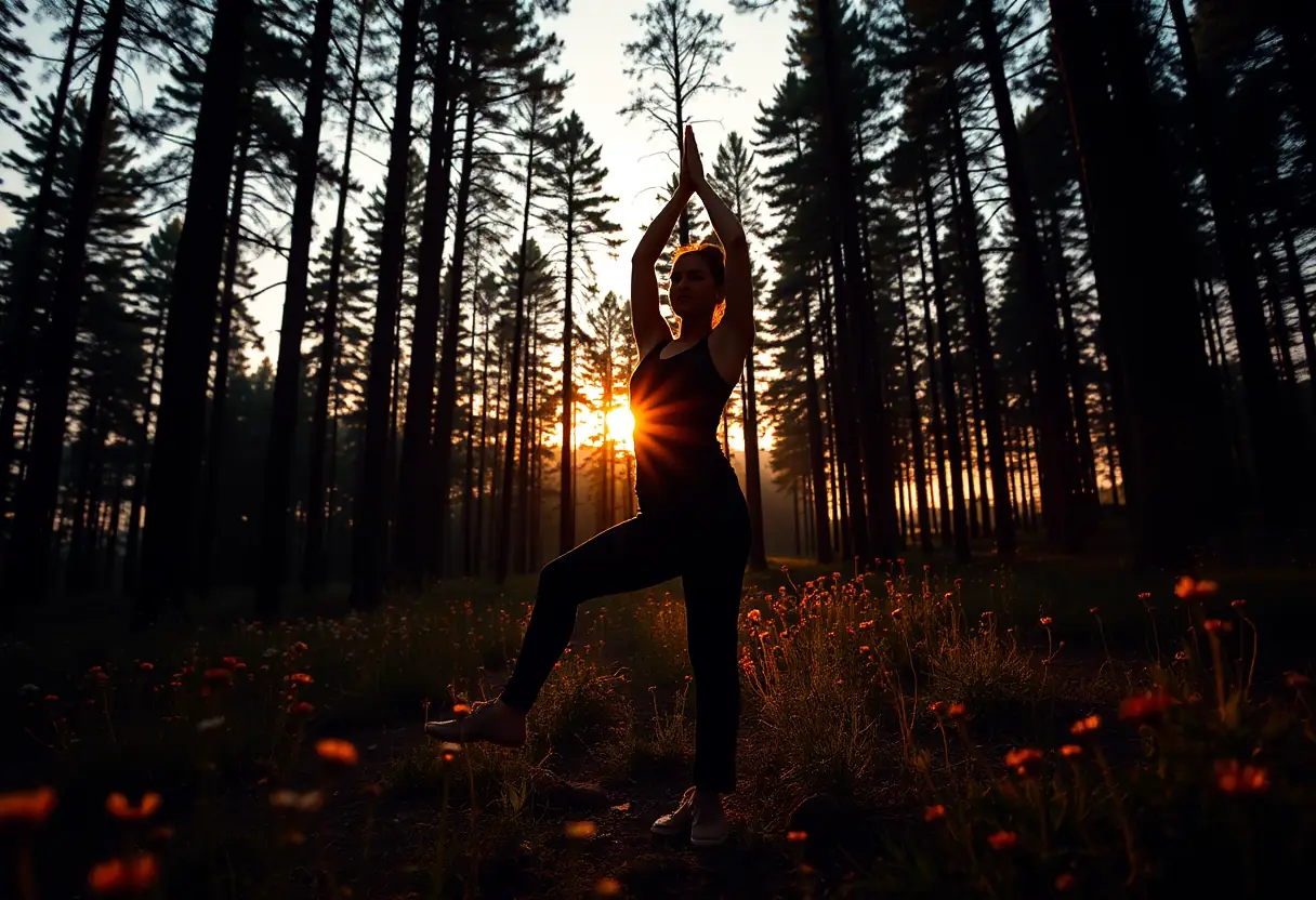 Un profil de femme en train de faire du yoga dans un sous-bois au coucher du soleil