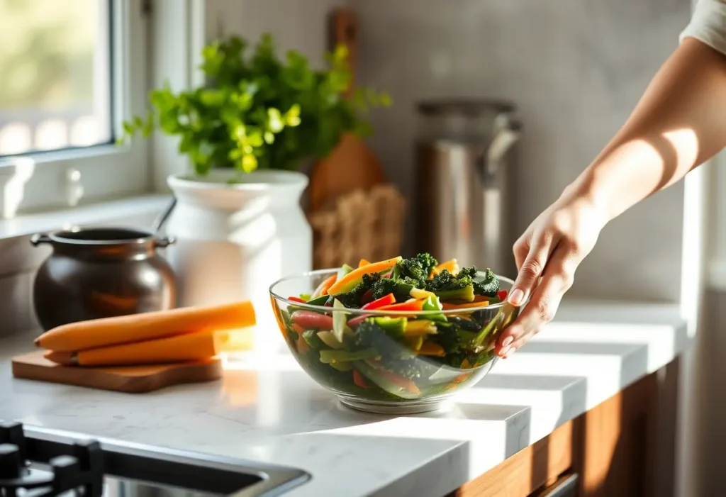 Main dans une cuisine préparant des légumes vapeur