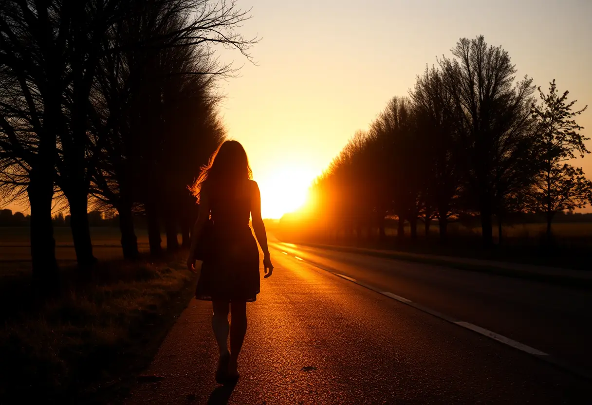Silhouette de femme marchant le long d'un chemin rural au coucher du soleil