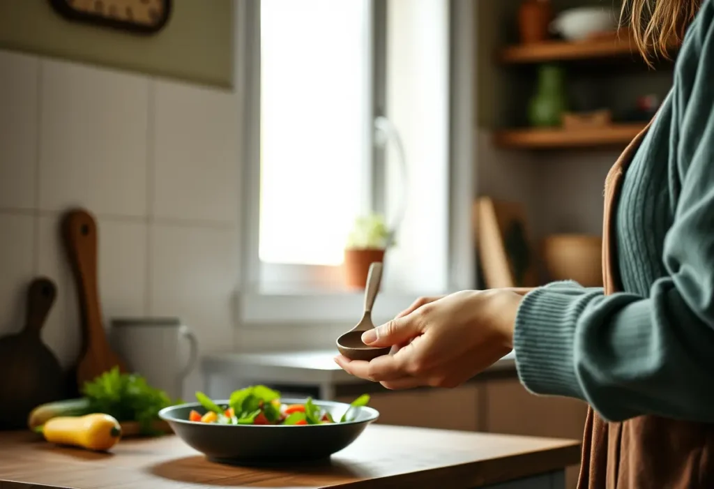 Une main féminine tient une cuillère en bois dans une cuisine accueillante