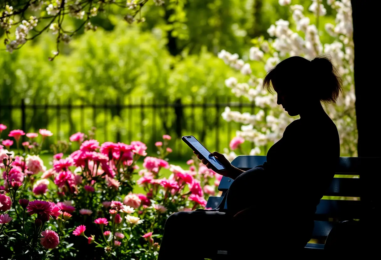 Un profil d'une femme assise sur un banc dans un parc fleuri, lisant sur son téléphone